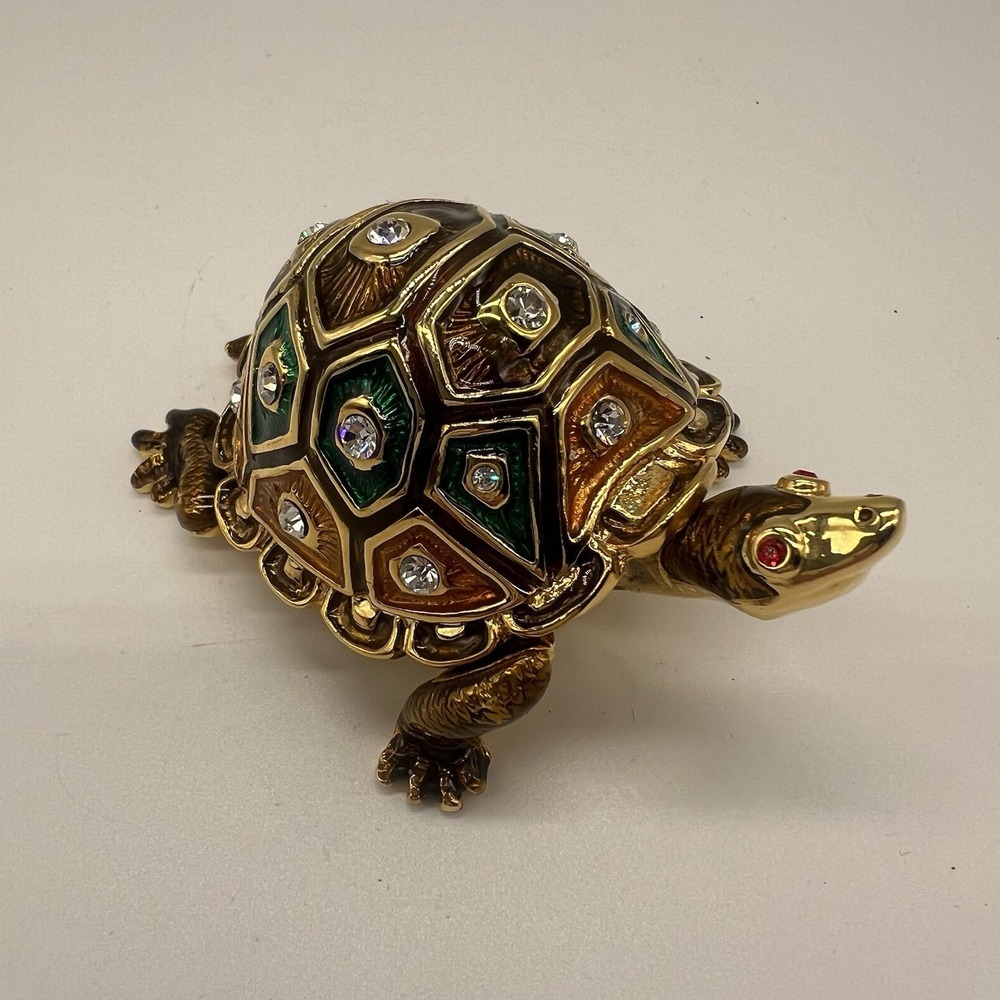 Enameled And‎ Bejeweled Turtle Trinket Box Hinged Lid Vintage